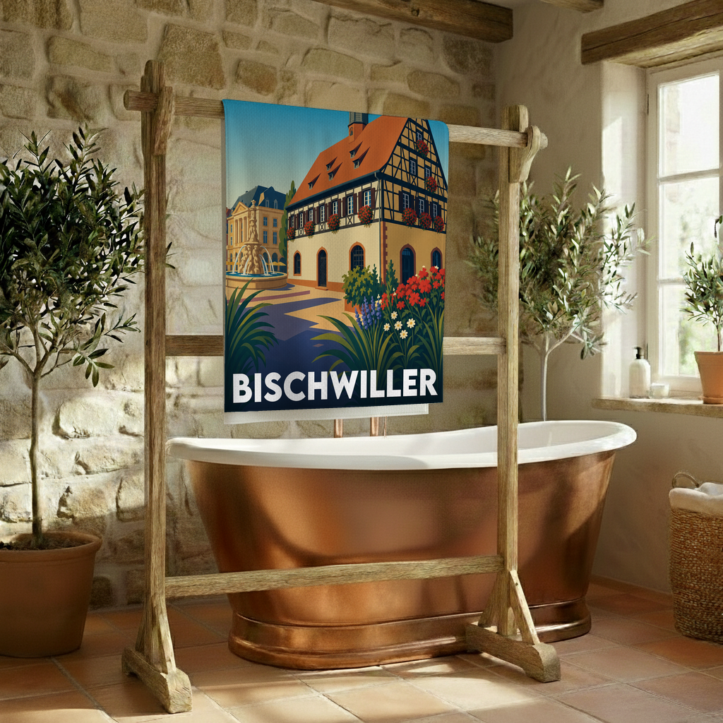 Serviette de bain souvenir de la ville de Bischwiller avec une illustration stylisée.