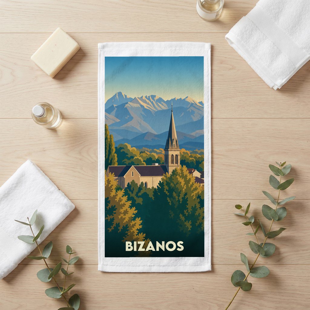 Serviette de bain souvenir de la ville de Bizanos avec une illustration stylisée de son église devant les Pyrénées.