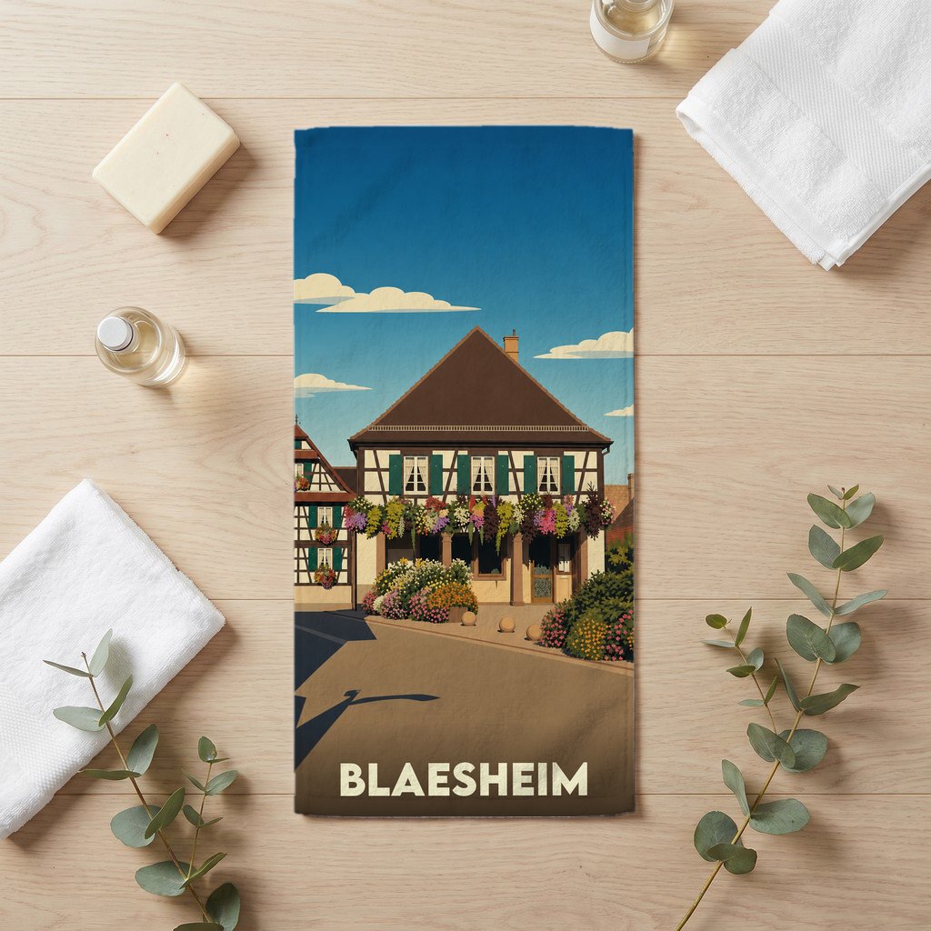 Serviette de bain souvenir de la ville de Blaesheim avec une illustration stylisée d'une maison à colombages alsacienne.