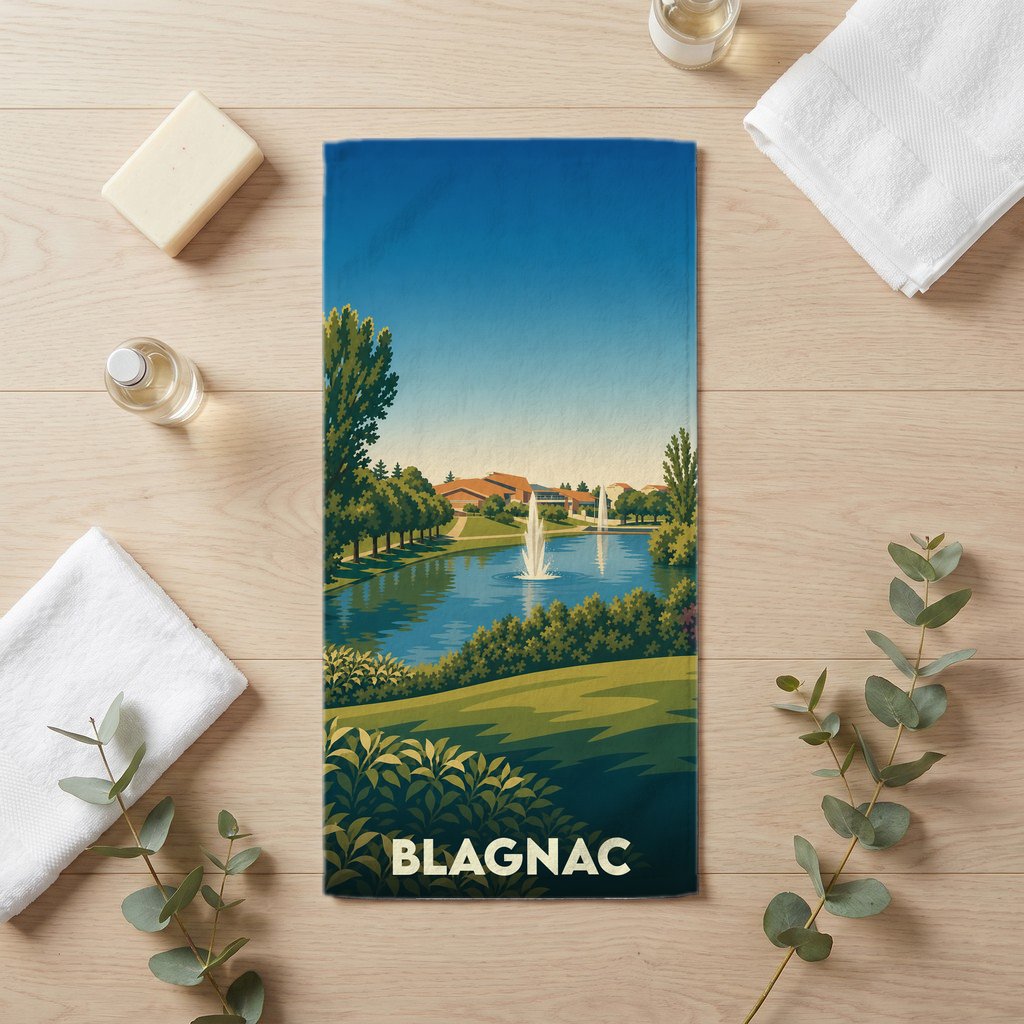Serviette de bain souvenir de la ville de Blagnac avec une illustration stylisée d'un parc et sa fontaine.