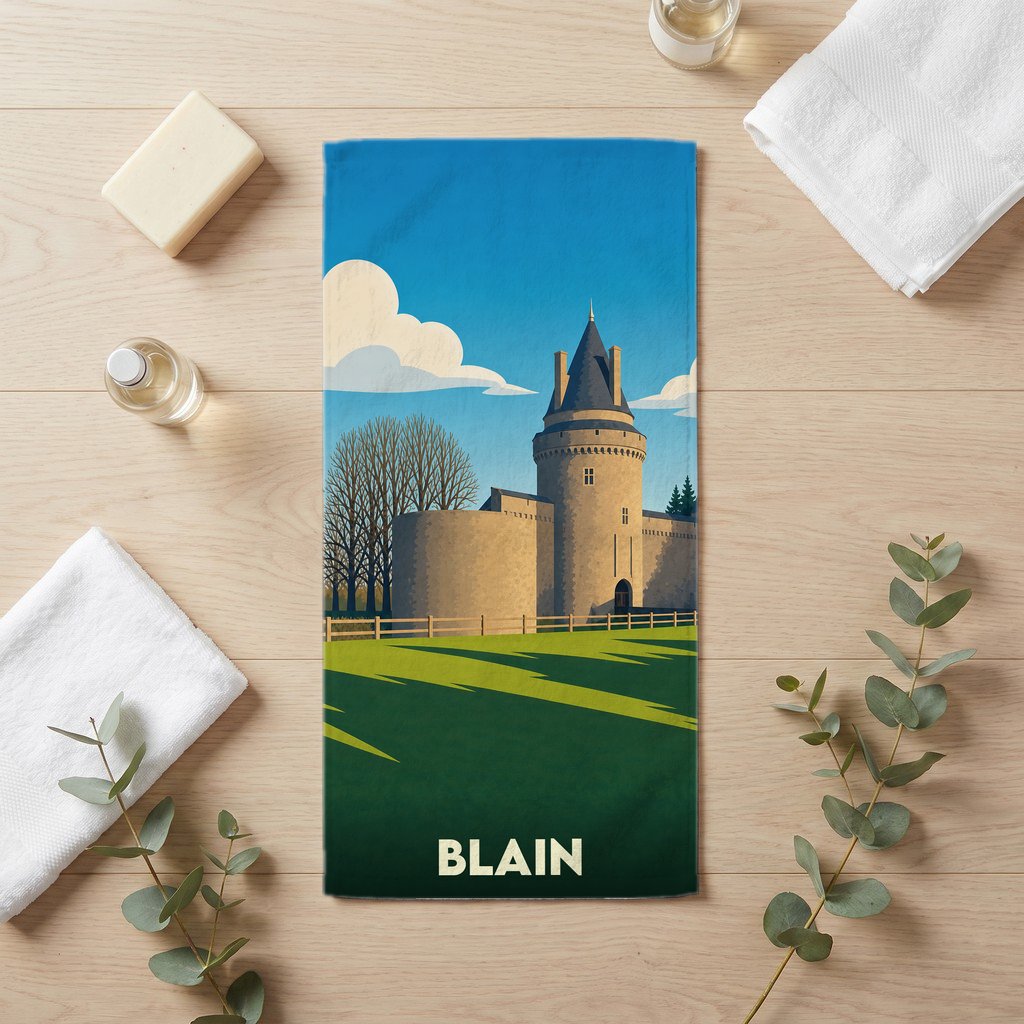Serviette de bain souvenir de la ville de Blain illustrant son château dans un style épuré.