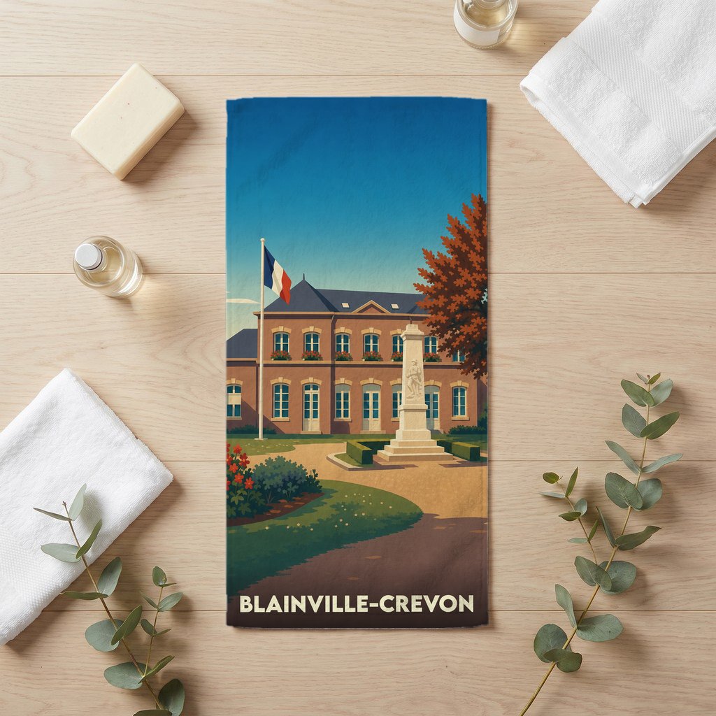 Serviette de bain souvenir de la ville de Blainville-Crevon avec une illustration stylisée de sa mairie et d'un monument.