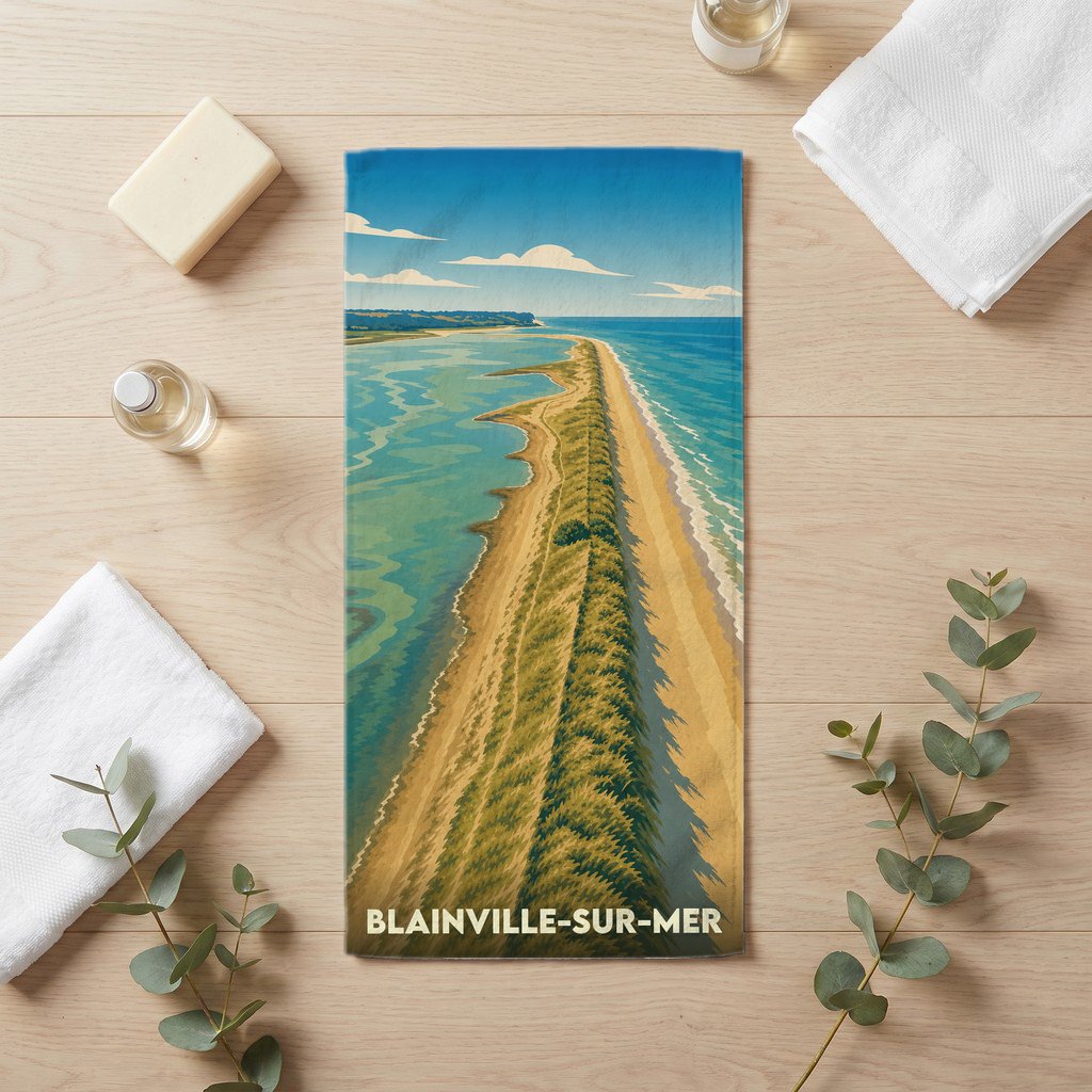 Serviette de bain souvenir de Blainville-sur-Mer avec une illustration stylisée d'un littoral sauvage.
