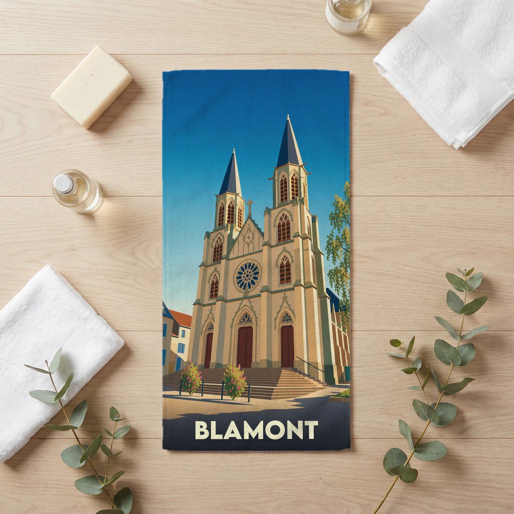 Serviette de bain souvenir de la ville de Blamont ornée d'une illustration stylisée de son église.