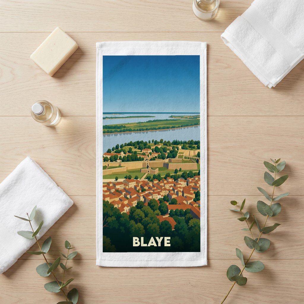 Serviette de bain souvenir de la ville de Blaye avec une illustration stylisée de sa citadelle.