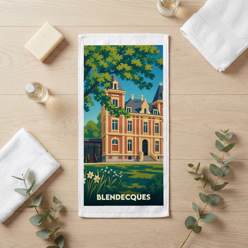 Serviette de bain souvenir de la ville de Blendecques avec une illustration stylisée de son patrimoine.