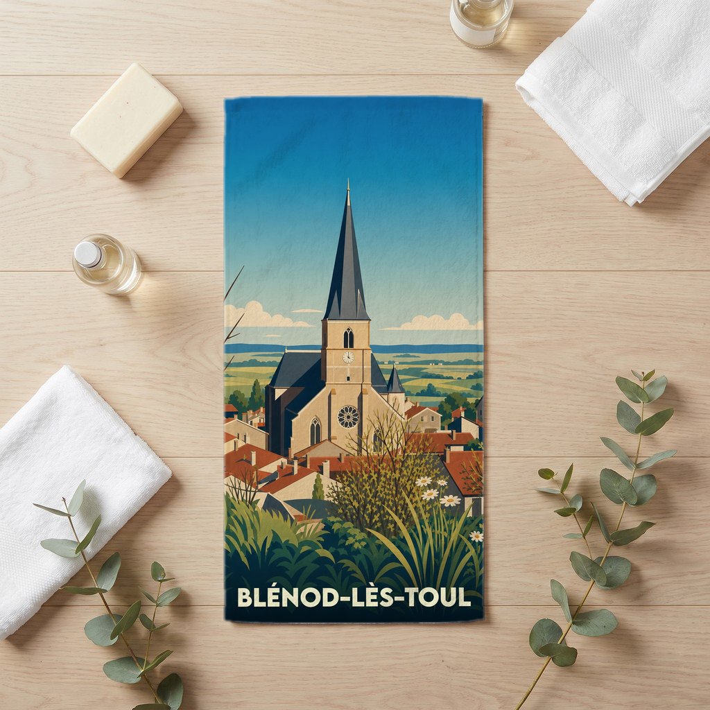 Serviette de bain souvenir de la ville de Blénod-lès-Toul avec une illustration stylisée d'une église surplombant le village.