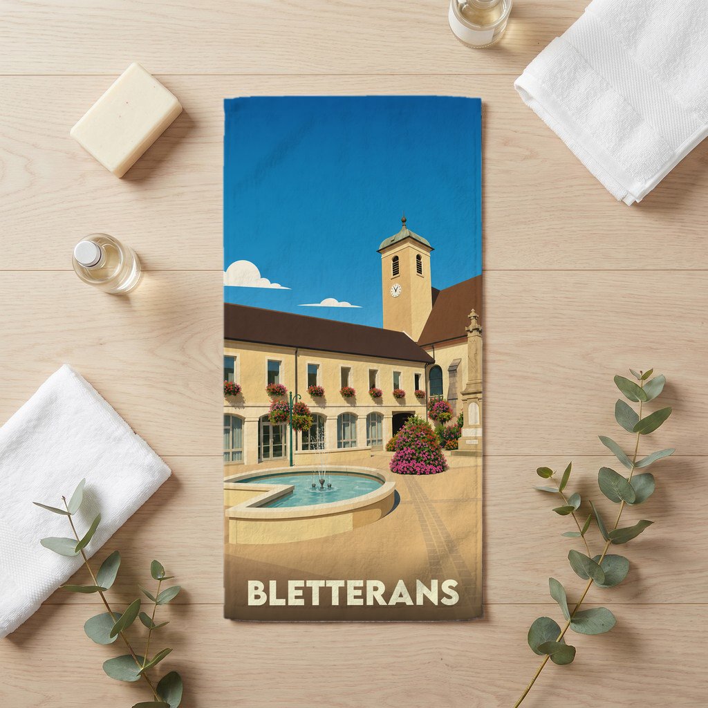 Serviette de bain souvenir de la ville de Bletterans avec une illustration stylisée.