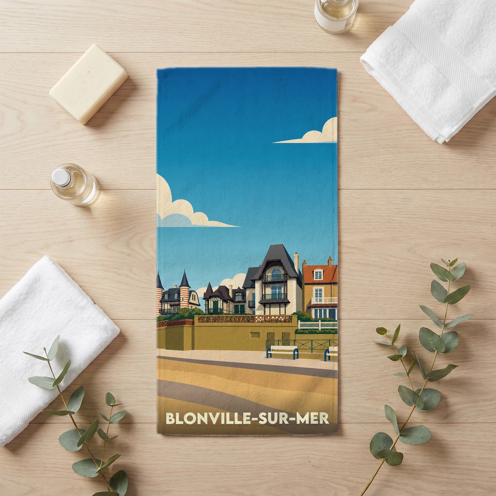 Serviette de bain souvenir de Blonville-sur-Mer illustrée d'un paysage balnéaire stylisé.