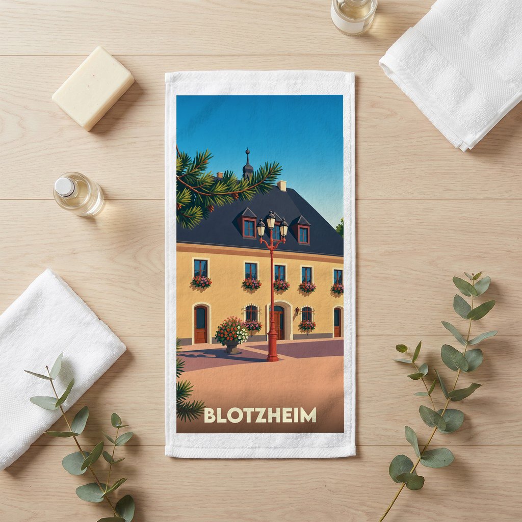 Serviette de bain souvenir de la ville de Blotzheim avec une illustration stylisée d'un bâtiment traditionnel.