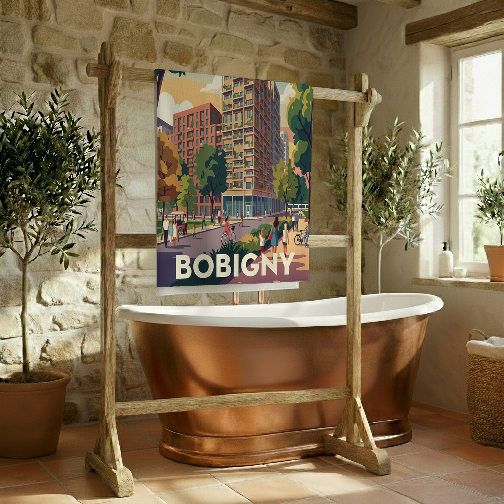 Serviette de bain souvenir de la ville de Bobigny arborant une illustration urbaine stylisée.