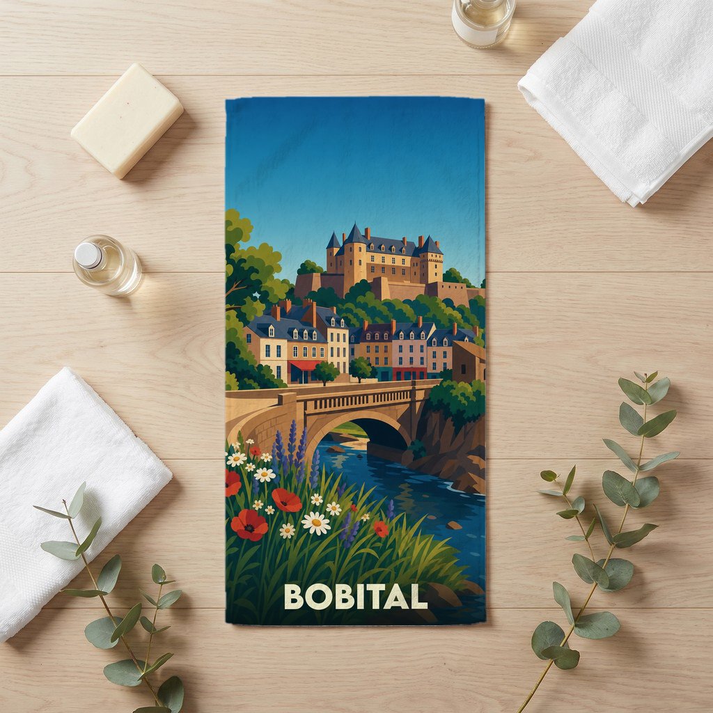 Serviette de bain souvenir de la ville de Bobital avec une illustration stylisée.