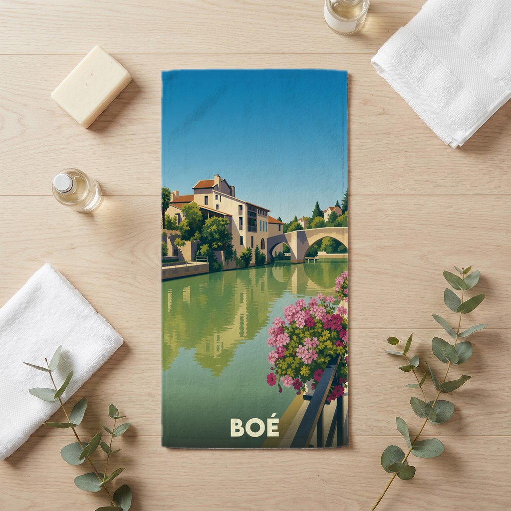 Serviette de bain souvenir de la ville de Boé avec une illustration stylisée d'un canal et d'un pont.