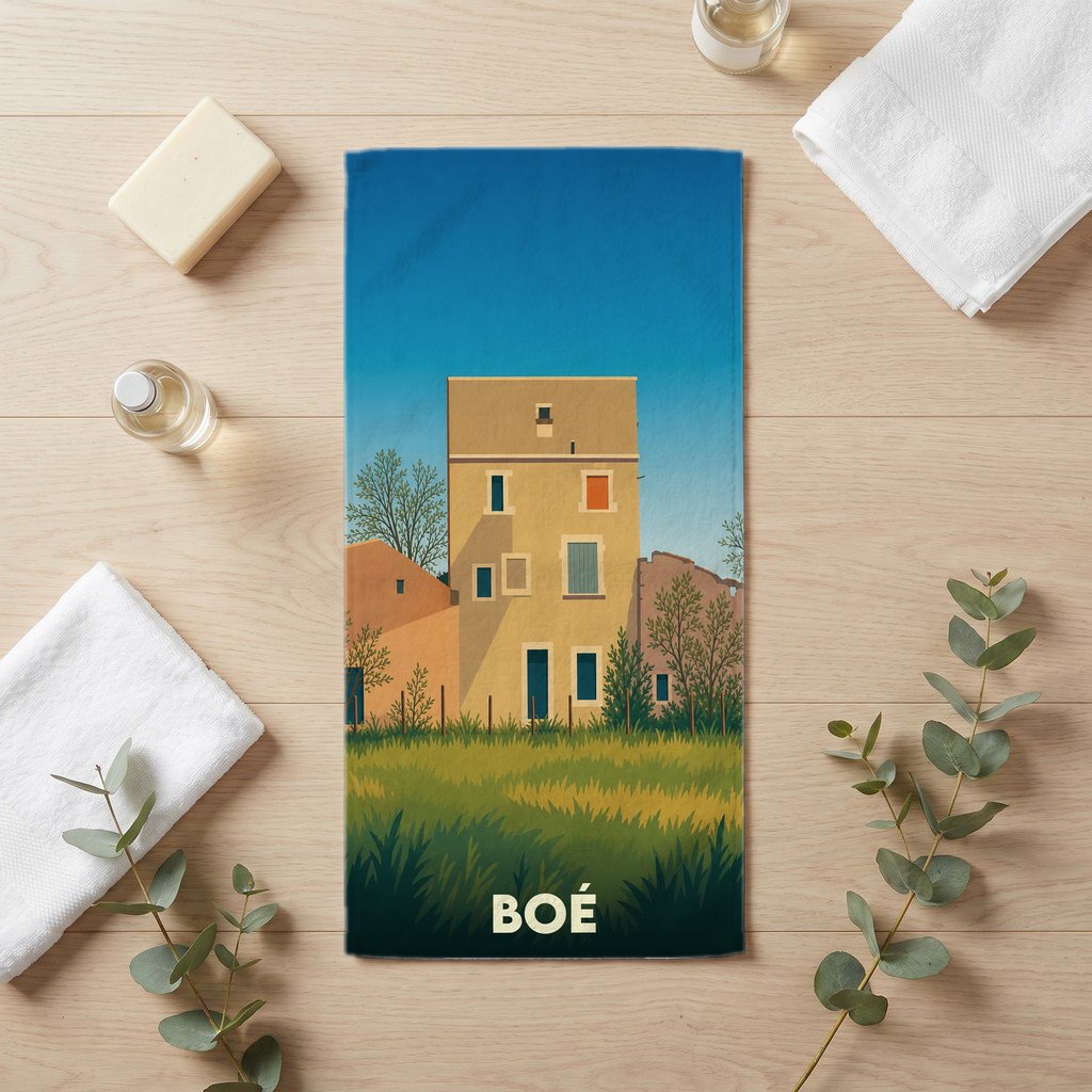 Serviette de bain souvenir de la ville de Boé avec une illustration stylisée d'une maison de village.