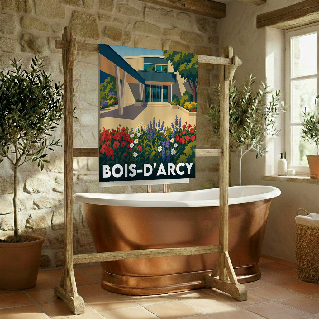 Serviette de bain souvenir de la ville de Bois-d'Arcy avec une illustration stylisée.