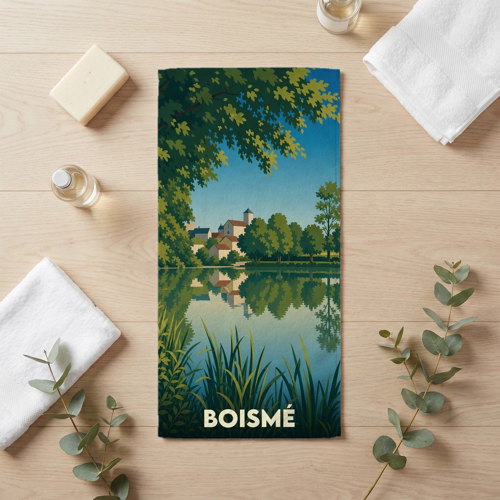 Serviette de bain souvenir de la ville de Boismé avec une illustration stylisée de paysage lacustre.