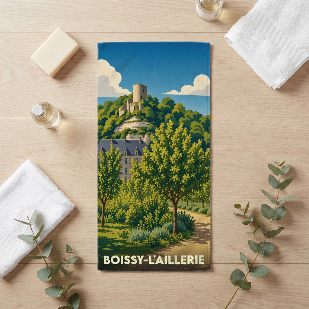 Serviette de bain souvenir de Boissy-l'Aillerie avec une illustration stylisée d'un château surplombant la ville.