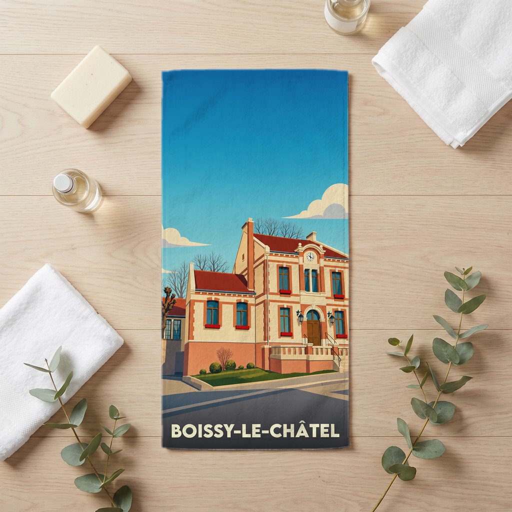 Serviette de bain souvenir de la ville de Boissy-le-Châtel avec une illustration stylisée de la mairie.