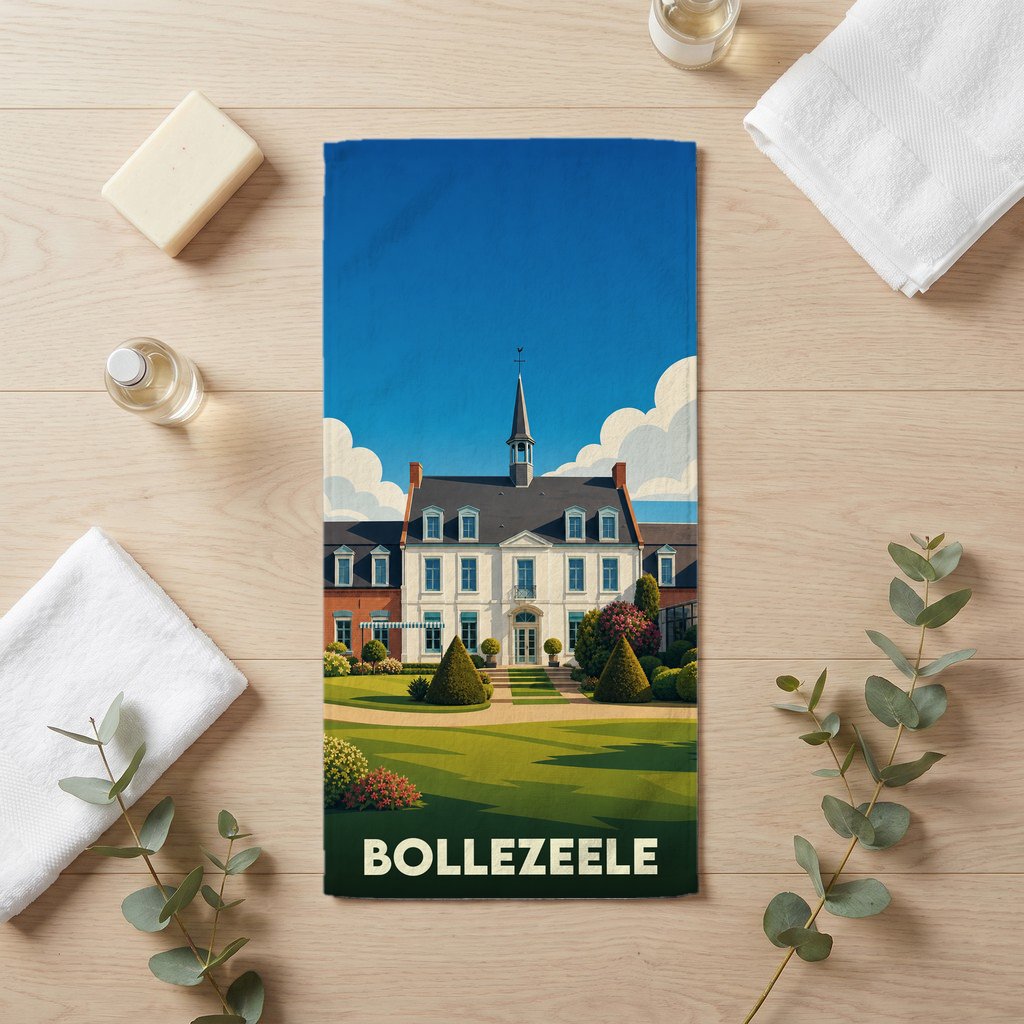 Serviette de bain souvenir de la ville de Bollezeele avec une illustration stylisée.