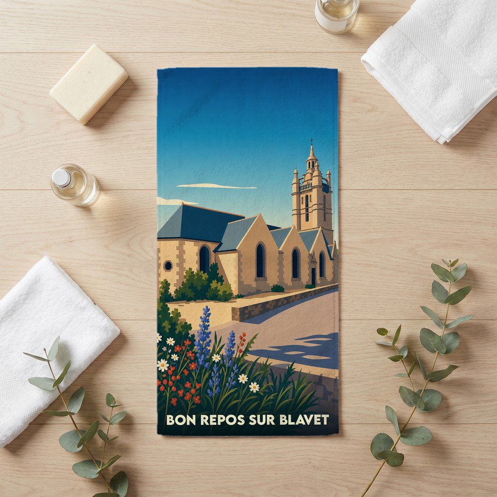 Serviette de bain souvenir de Bon Repos sur Blavet avec une illustration stylisée de son église et son abbaye.