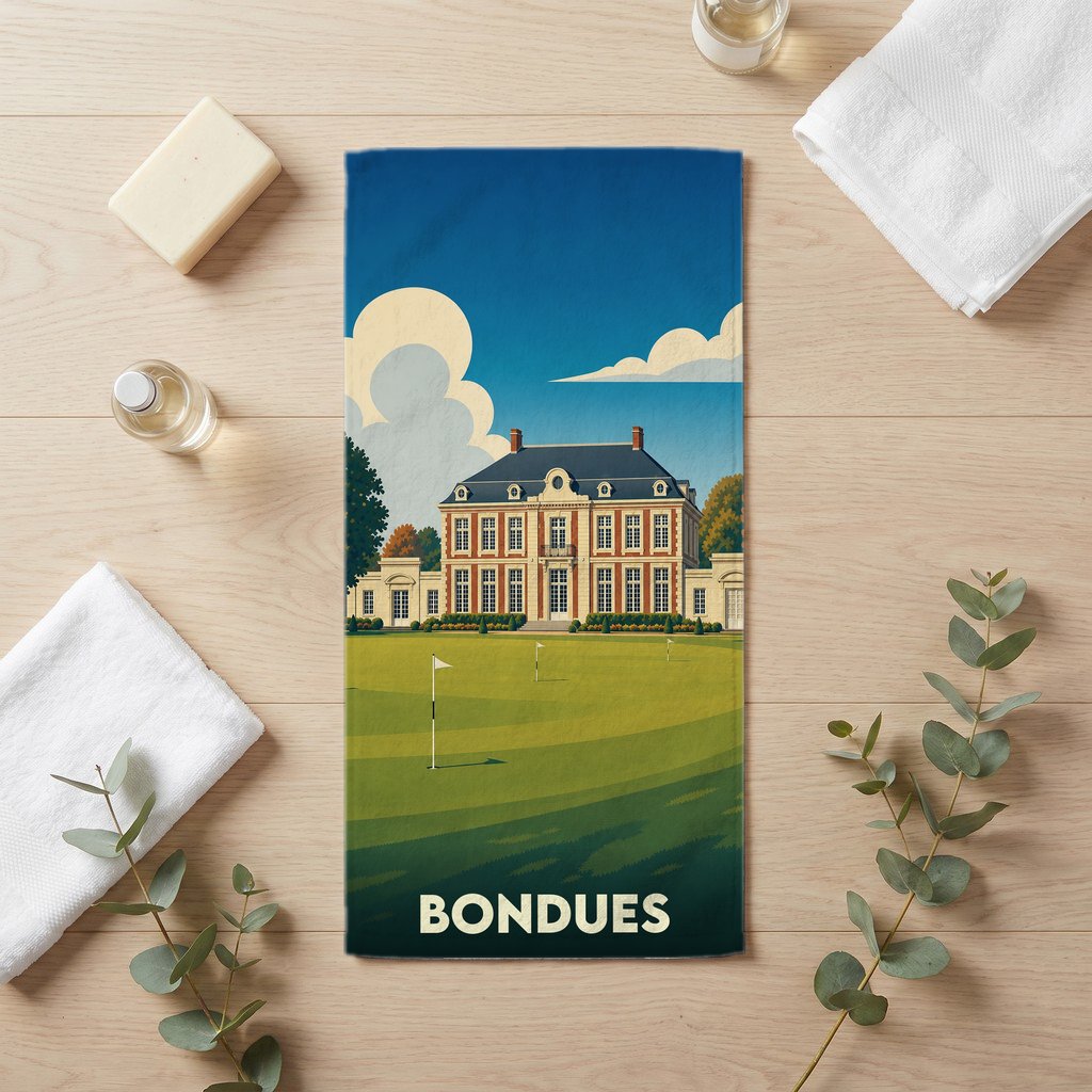 Serviette de bain souvenir de la ville de Bondues illustrant son château et son golf dans un style rétro.