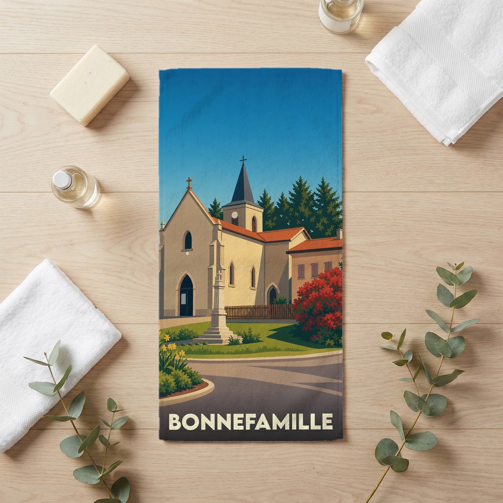 Serviette de bain souvenir de la ville de Bonnefamille avec une illustration stylisée.