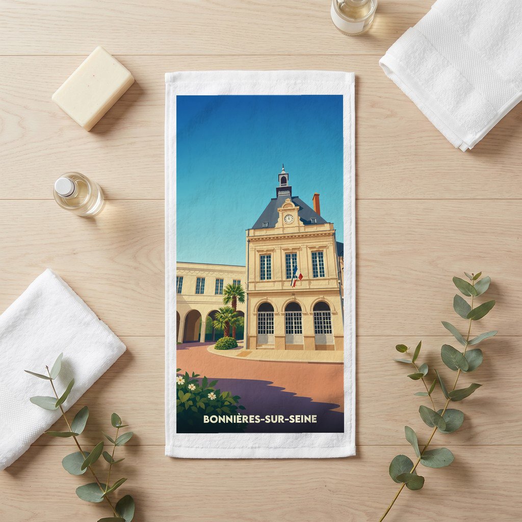 Serviette de bain souvenir de la ville de Bonnières-sur-Seine avec une illustration stylisée.