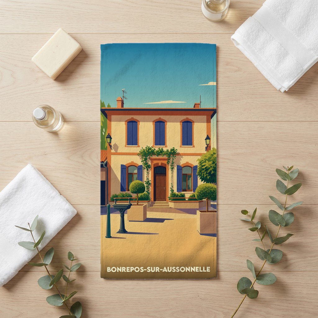 Serviette de bain souvenir de la ville de Bonrepos-sur-Aussonnelle avec une illustration stylisée.