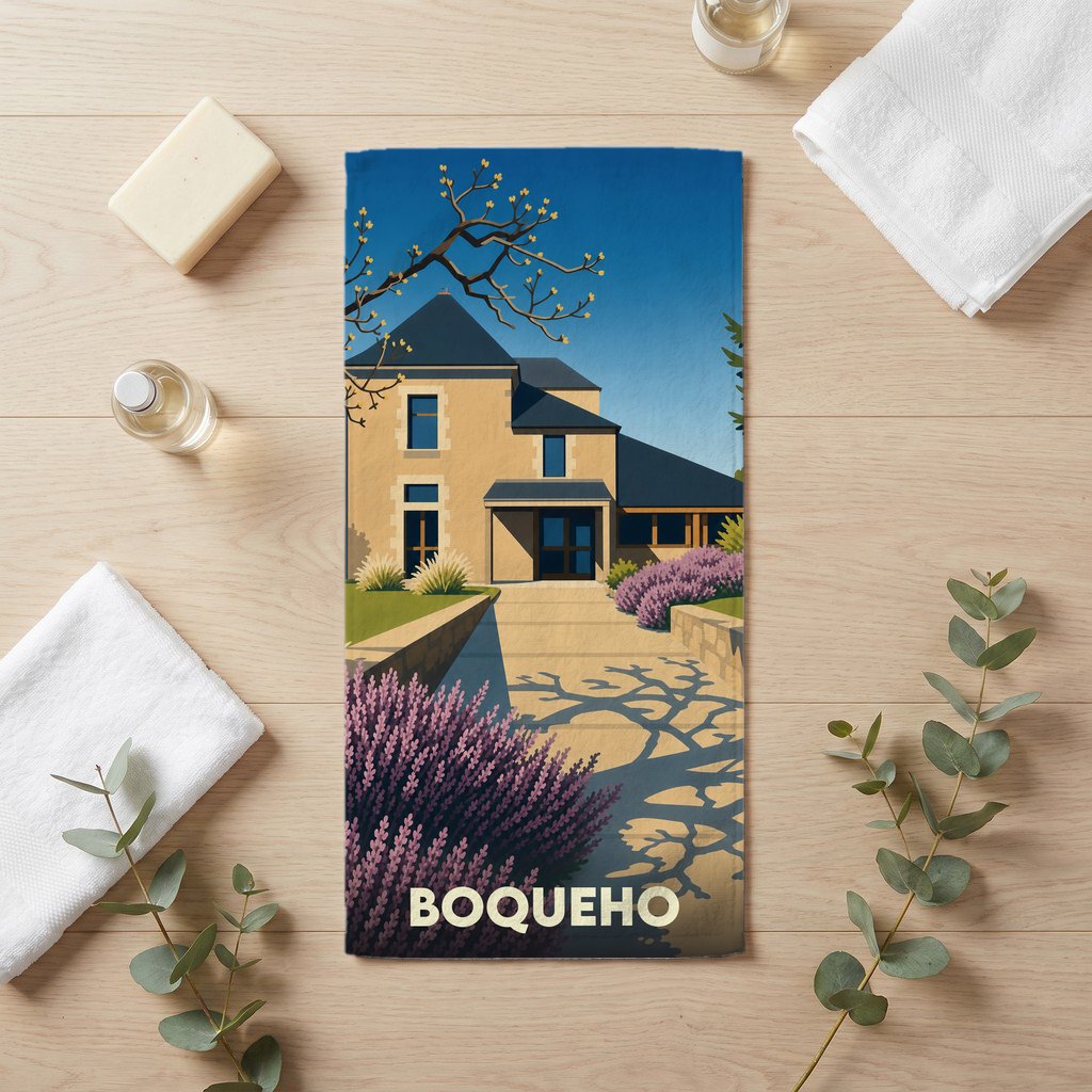 Serviette de bain souvenir de la ville de Boqueho avec une illustration stylisée d'une maison régionale.