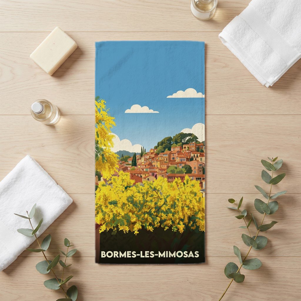 Serviette de bain 30 cm x 60 cm souvenir de Bormes-les-Mimosas