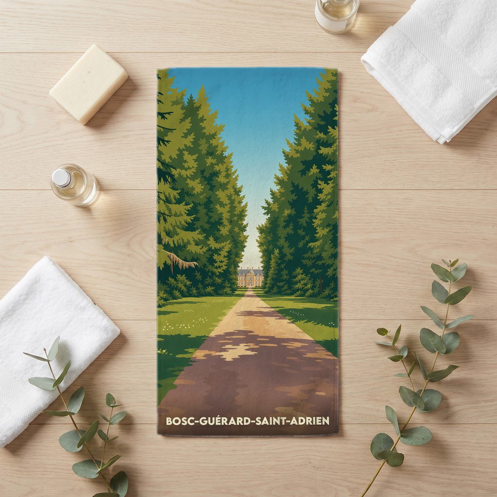 Serviette de bain souvenir de la ville de Bosc-Guérard-Saint-Adrien avec une illustration stylisée d'une allée boisée menant à un château.