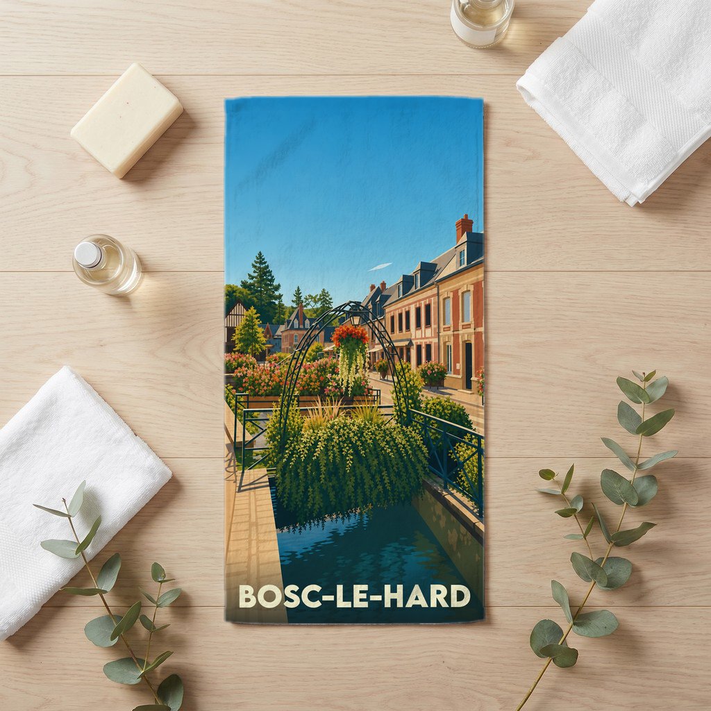 Serviette de bain souvenir de la ville de Bosc-le-Hard avec une illustration paysagère stylisée.