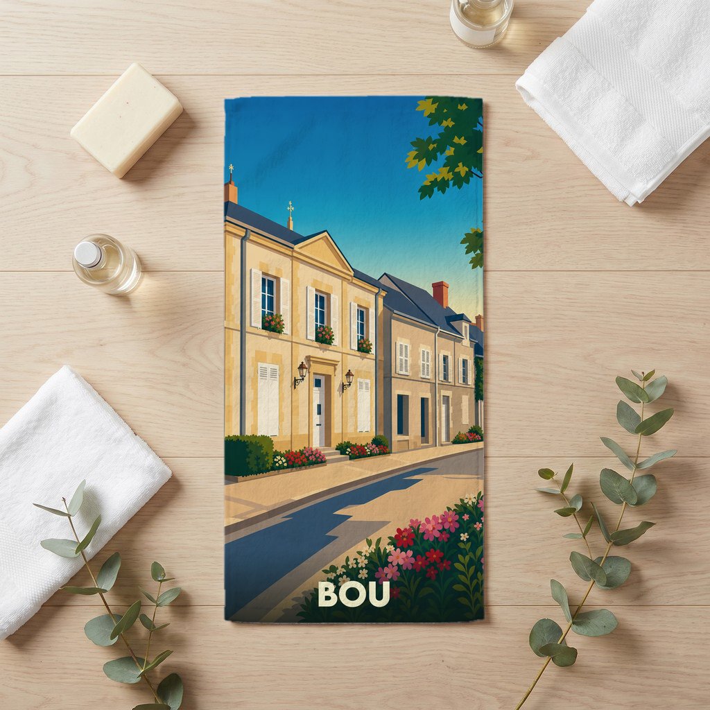 Serviette de bain souvenir de la ville de Bou avec une illustration stylisée.
