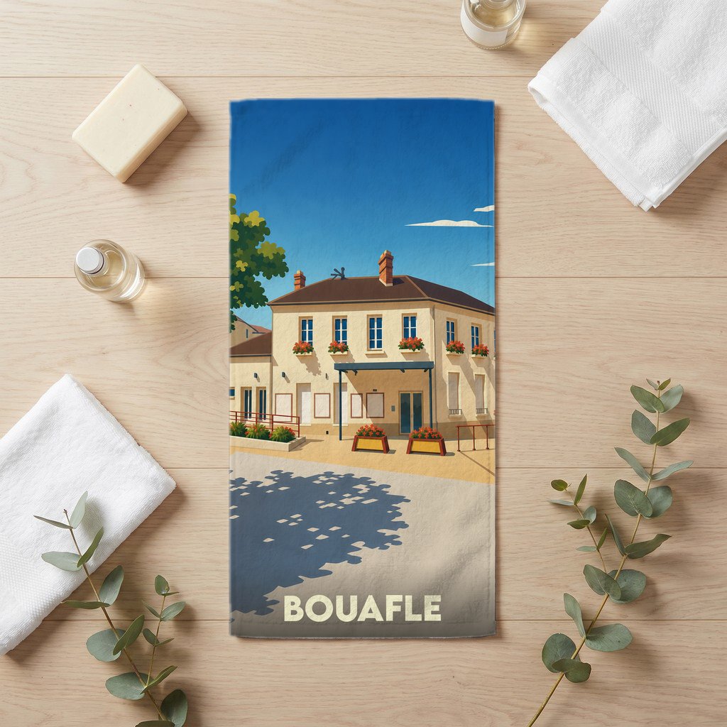 Serviette de bain souvenir de la ville de Bouafle avec une illustration stylisée d'un bâtiment communal.