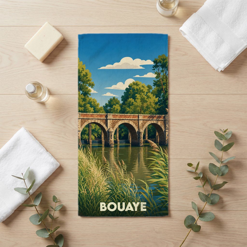 Serviette de bain souvenir de la ville de Bouaye illustrée d'un pont en pierre traversant une rivière.