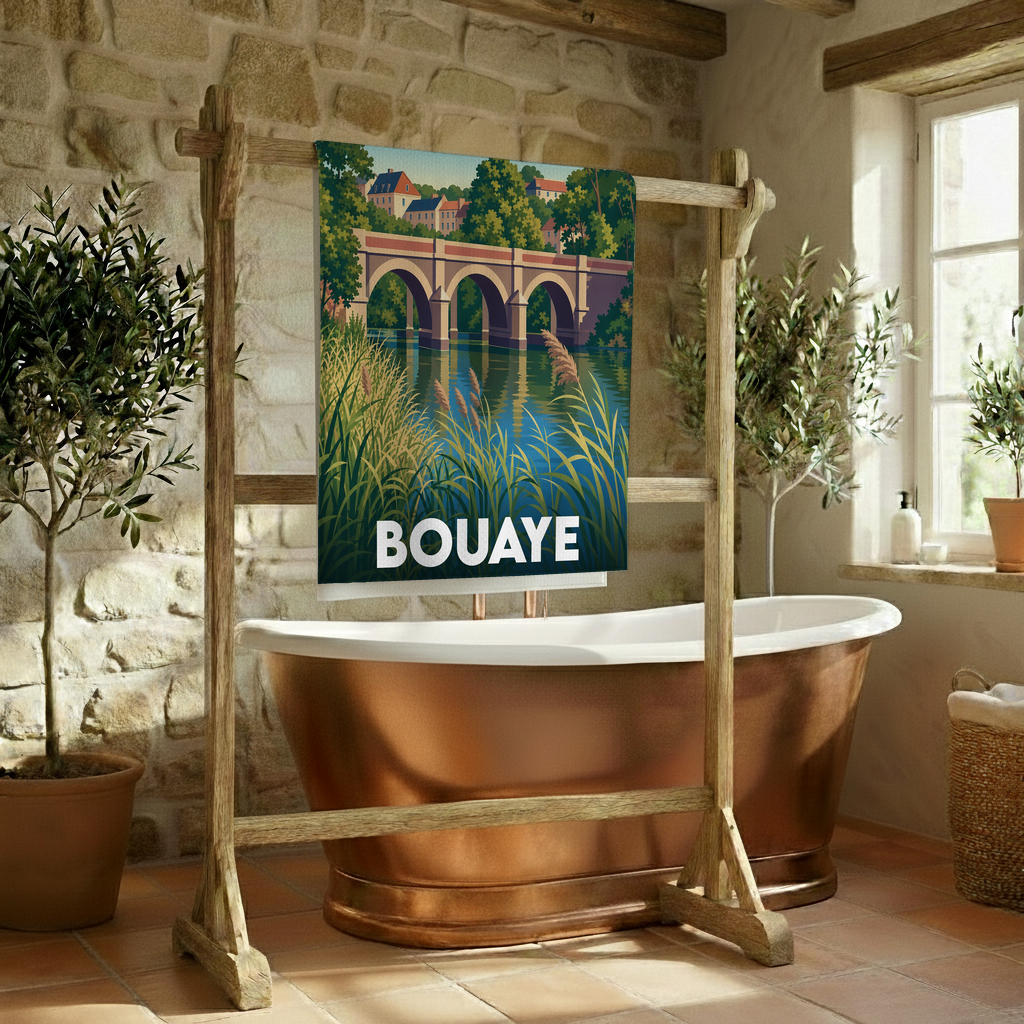 Serviette de bain souvenir de la ville de Bouaye avec une illustration stylisée d'un pont enjambant une rivière.