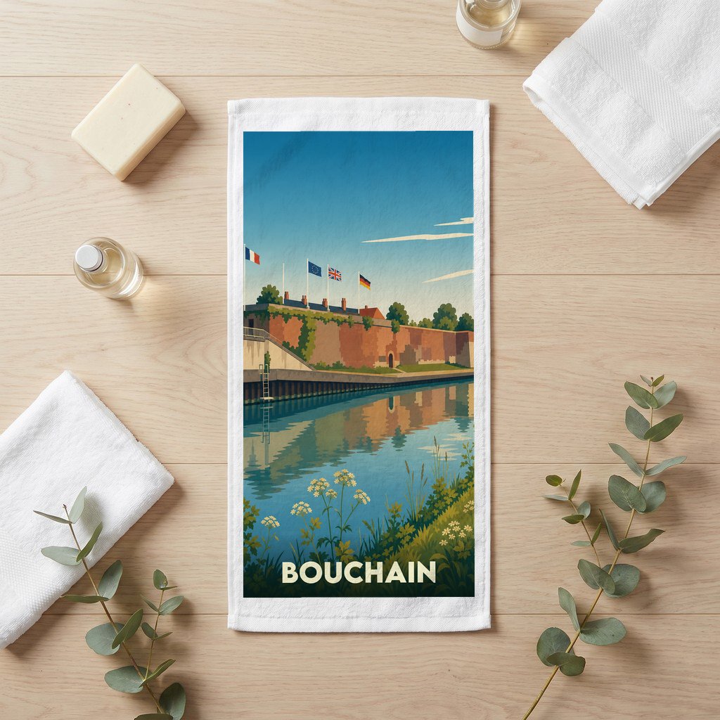 Serviette de bain souvenir de la ville de Bouchain avec une illustration stylisée des remparts.