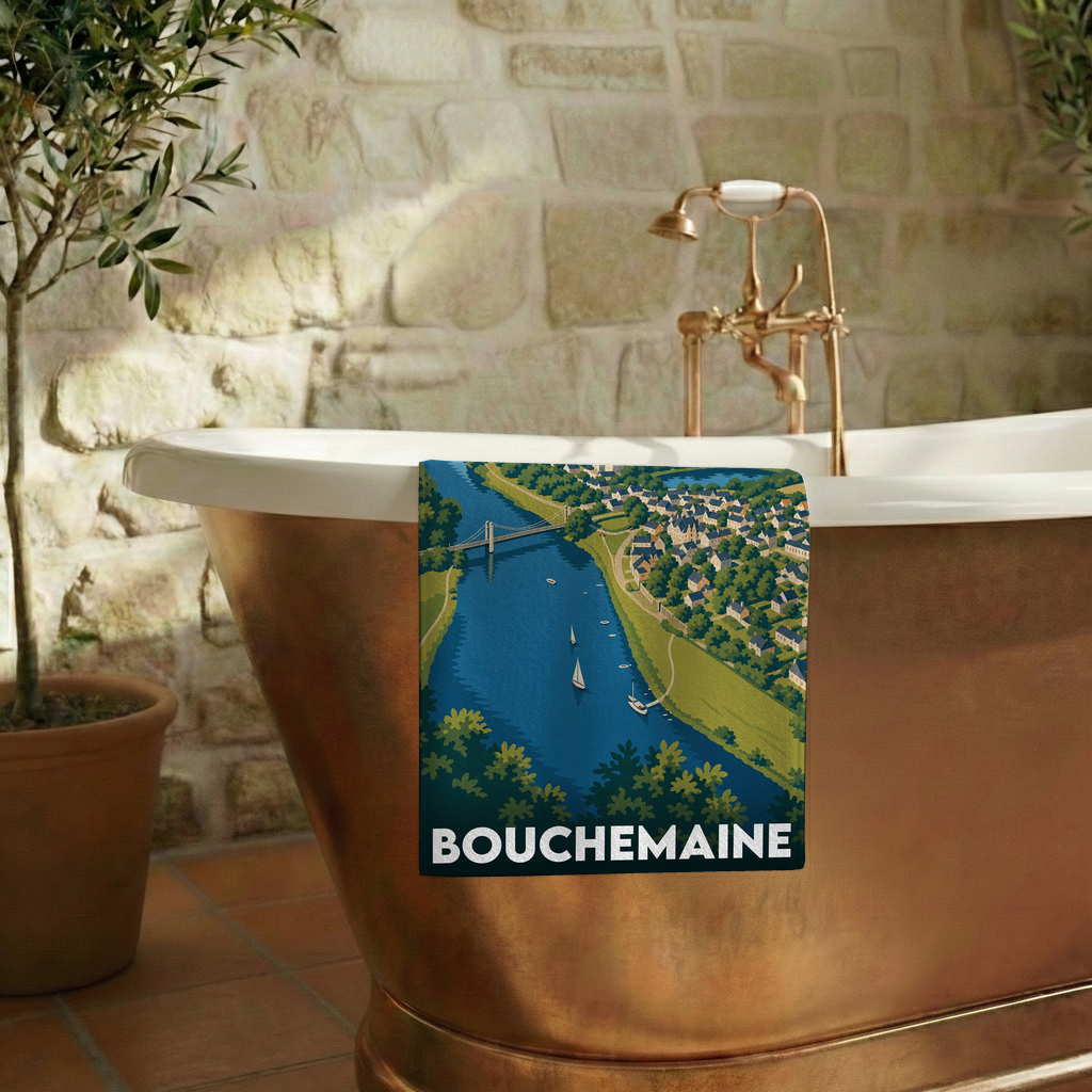 Serviette de bain souvenir de la ville de Bouchemaine avec une illustration stylisée.