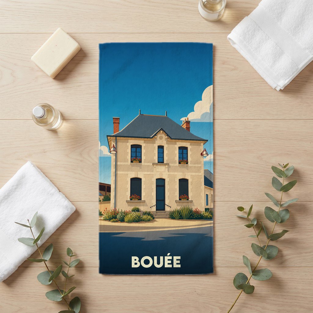 Serviette de bain souvenir de la ville de Bouée avec une illustration stylisée de sa mairie.