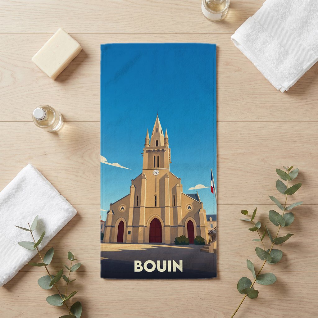 Serviette de bain souvenir de la ville de Bouin avec une illustration stylisée de son église.
