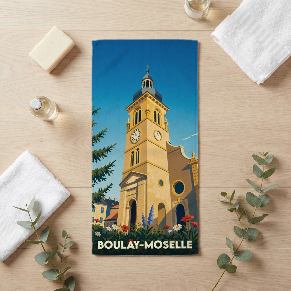 Serviette de bain souvenir de la ville de Boulay-Moselle avec une illustration stylisée de son église.
