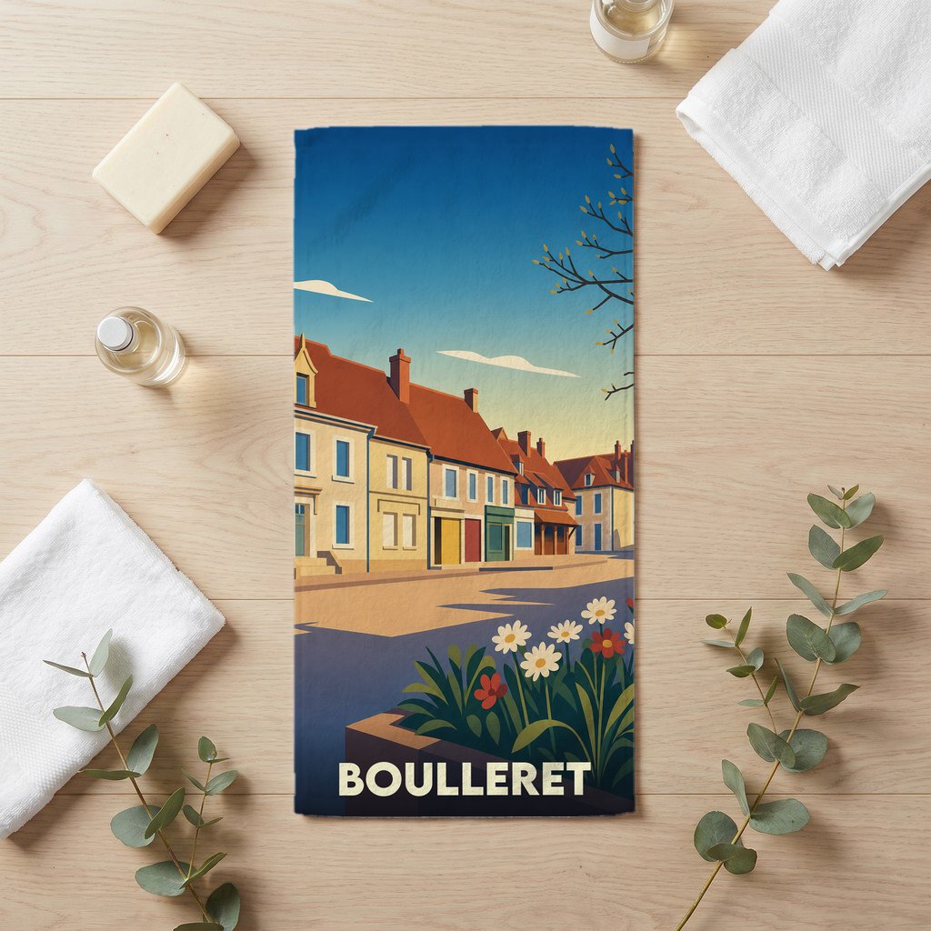 Serviette de bain souvenir de la ville de Boulleret avec une illustration stylisée.