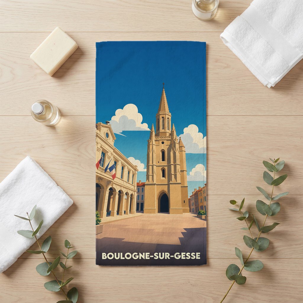 Serviette de bain souvenir de la ville de Boulogne-sur-Gesse avec une illustration stylisée.