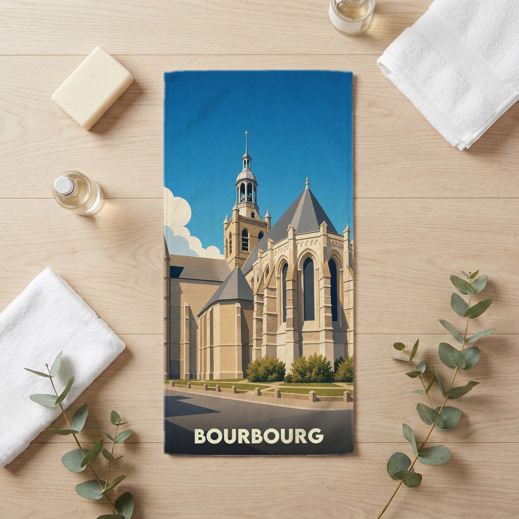 Serviette de bain souvenir de la ville de Bourbourg avec une illustration stylisée de son église.