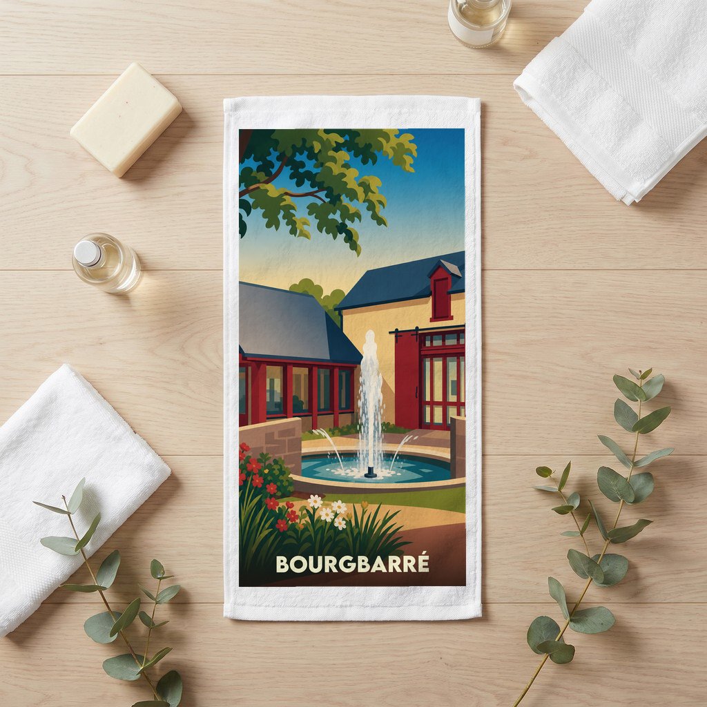 Serviette de bain souvenir de la ville de Bourgbarré avec une illustration stylisée d'une fontaine et de bâtiments.
