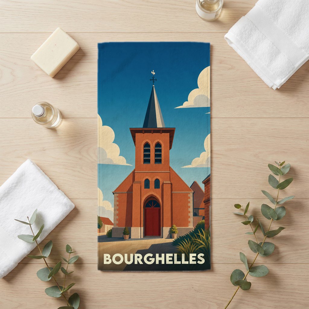 Serviette de bain souvenir de la ville de Bourghelles avec une illustration stylisée d'une église en briques.