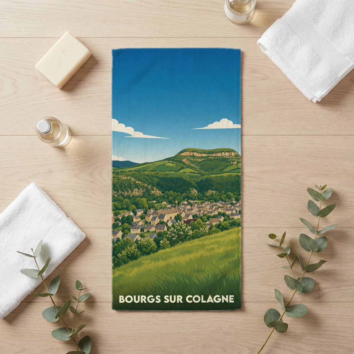 Serviette de bain 30 cm x 60 cm souvenir de Bourgs sur Colagne