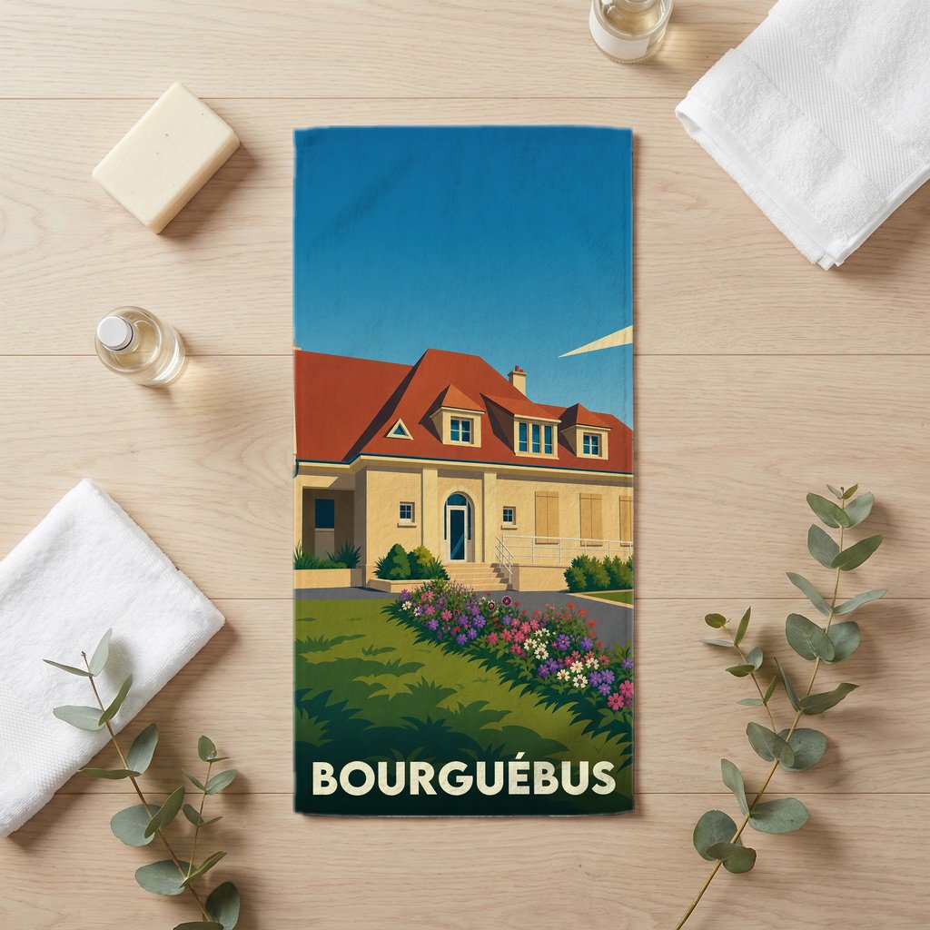 Serviette de bain souvenir de la ville de Bourguébus avec une illustration stylisée.