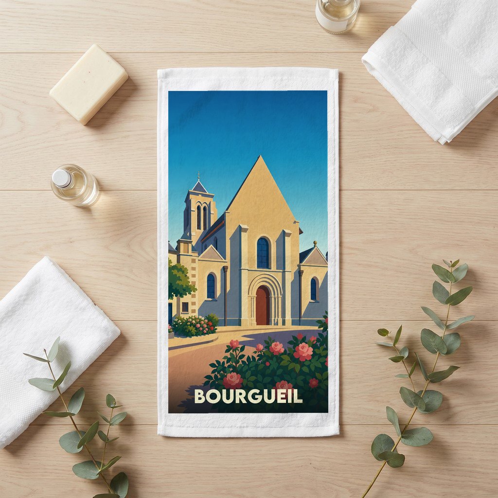 Serviette souvenir de la ville de Bourgueil illustrée par une église stylisée sous un ciel bleu.