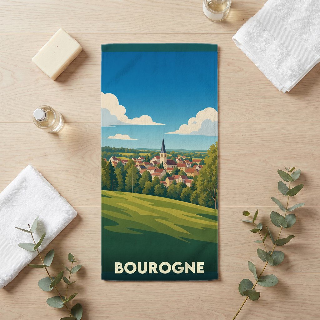 Serviette de bain souvenir de la ville de Bourgogne avec une illustration stylisée.